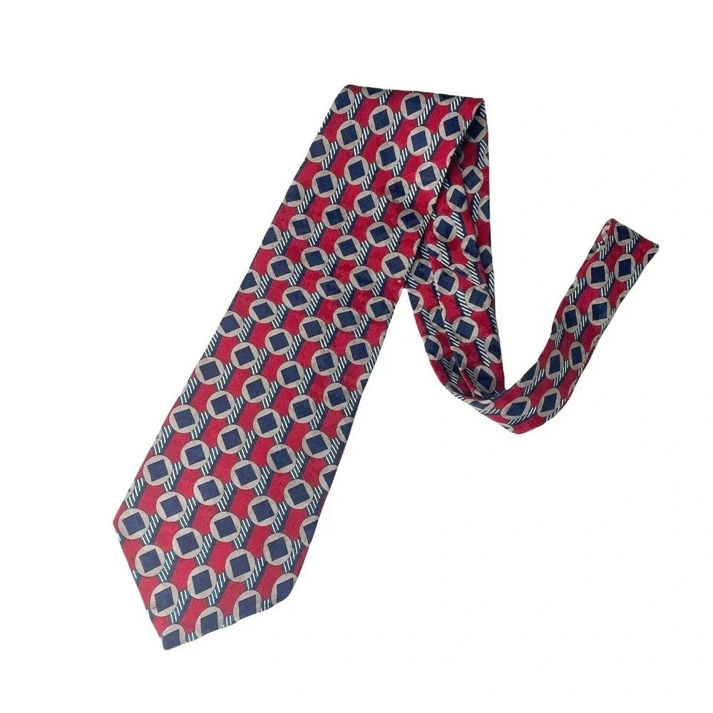 Oscar de la Renta Silk Tie Necktie Red Blue Made in USA Mixed Print